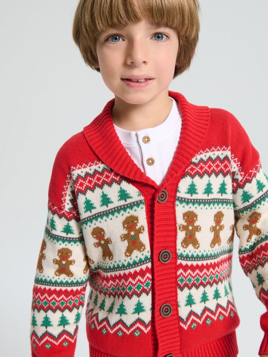Різдвяний кардиган з мотивами пряників та ялинок - червоний - SINSAY