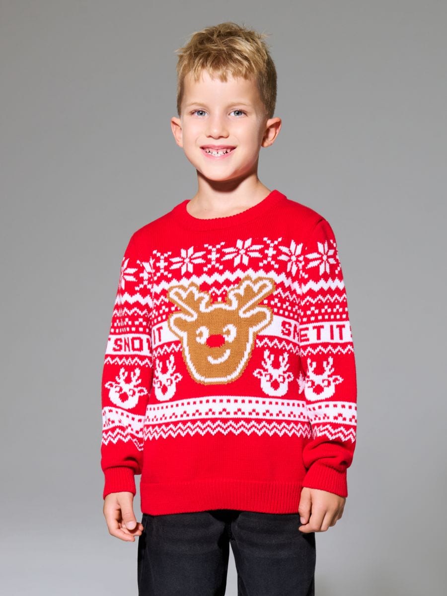 Praznični pulover z jelenčkom - rdeča - SINSAY