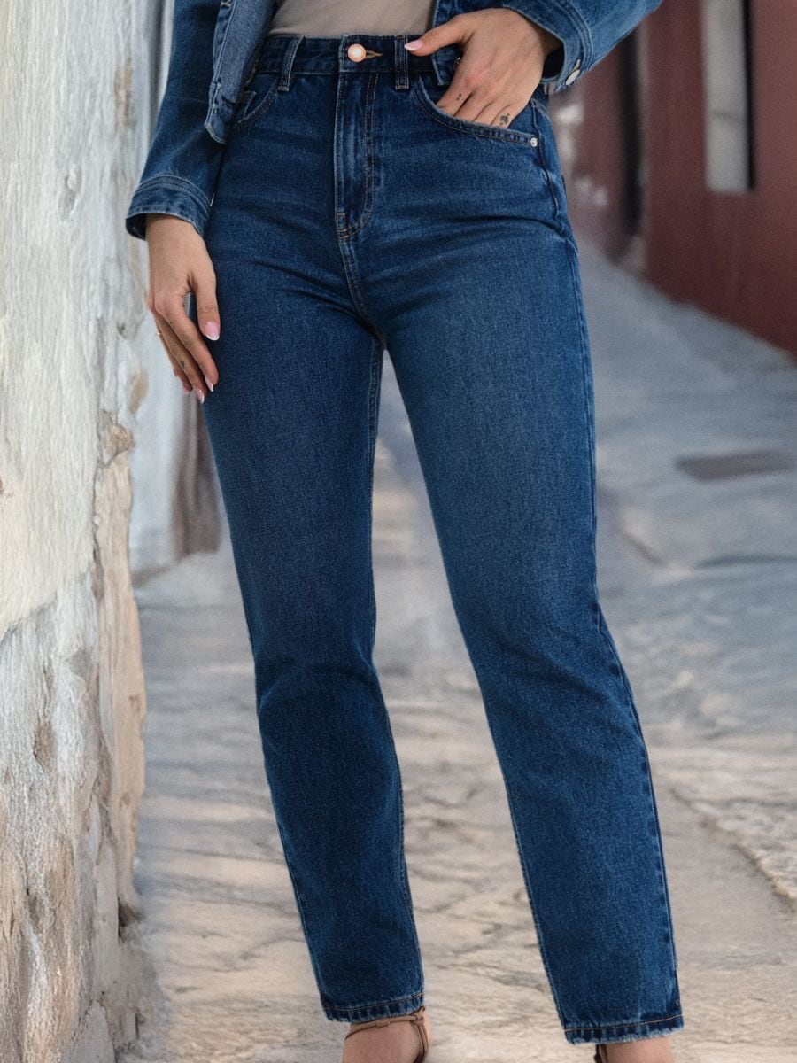 Jeansy mom high waist - granatowy - SINSAY