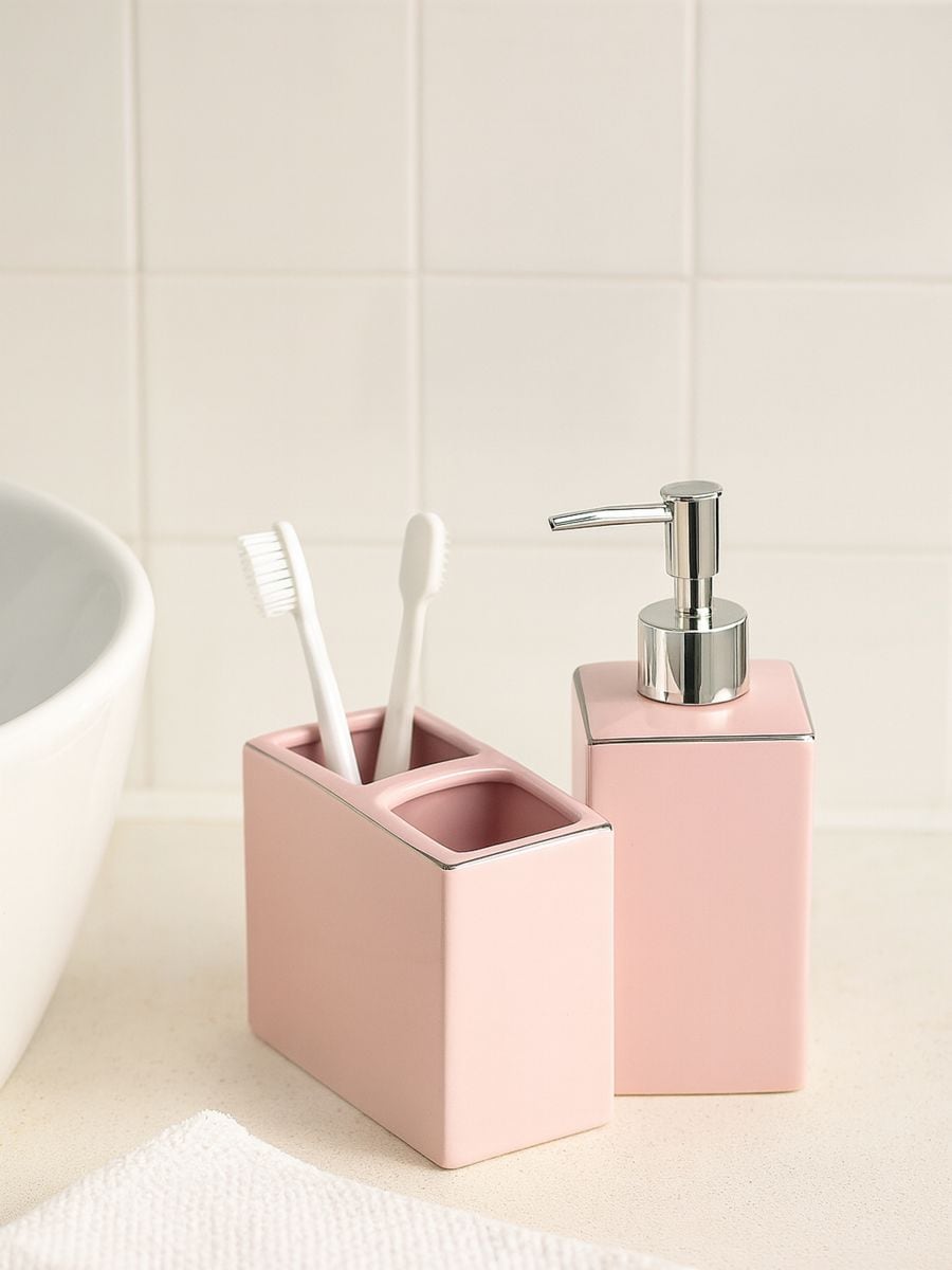 Set: Dozator za milo in kozarec za ščetke - pastelno roza - SINSAY