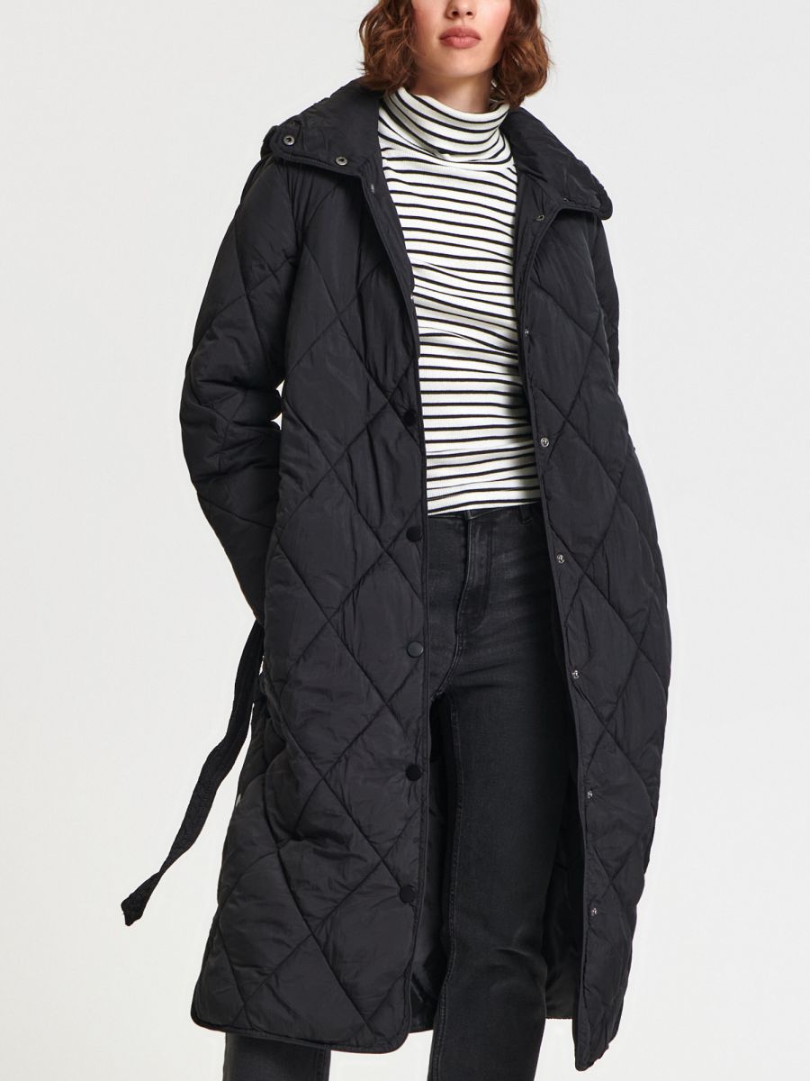 Quilted coat with hood - black - SINSAY