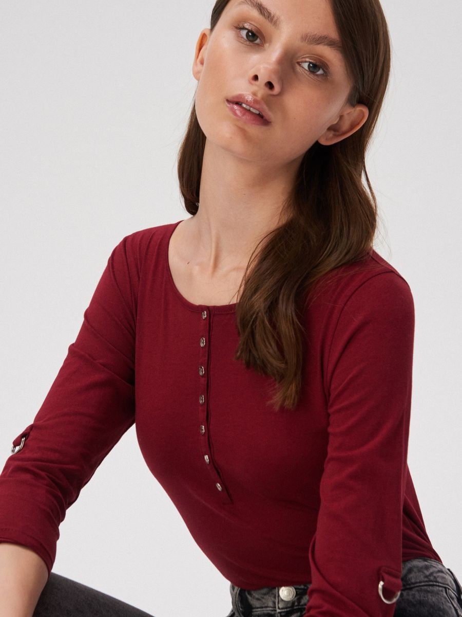 Cotton buttoned blouse Color maroon - SINSAY - VW889-83X