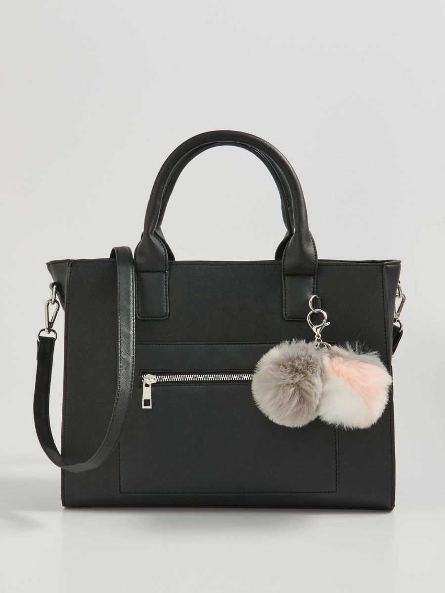 Black chain handle clearance pom pom tote bag