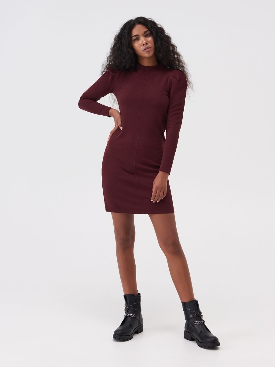 Mini dress with puff sleeves Color maroon - SINSAY - ZB061-83X