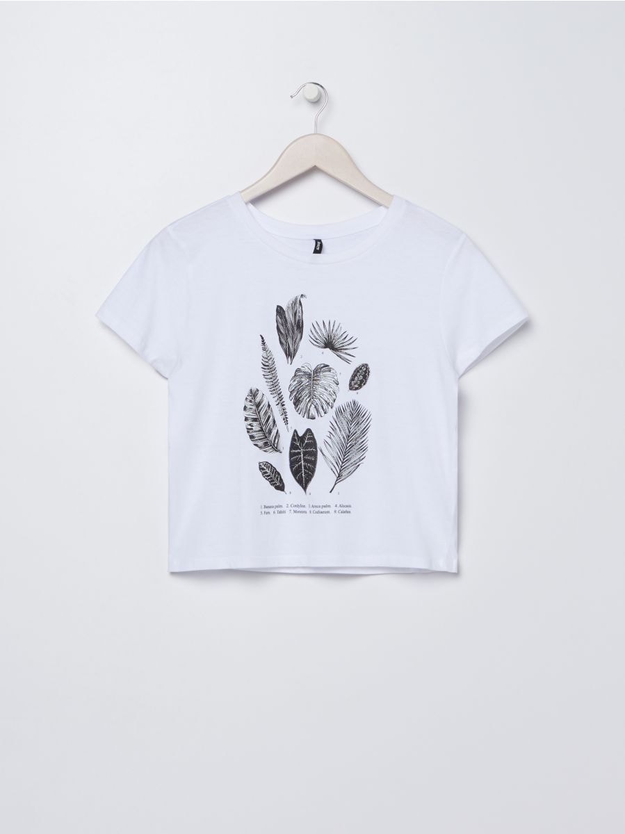 Cropped T-shirt with plant print Color white - SINSAY - ZM299-00X