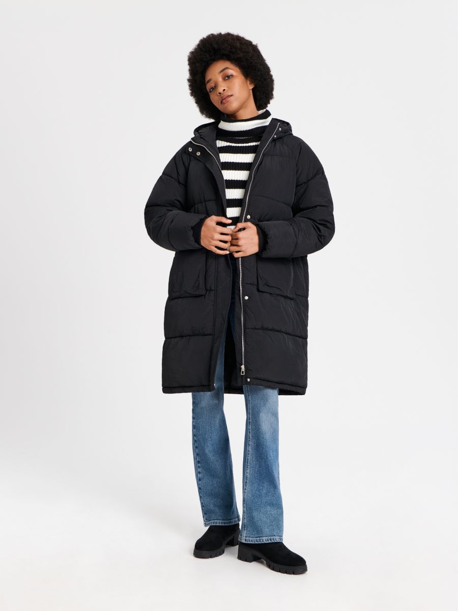 Kabát s kapucňou - čierna - SINSAY