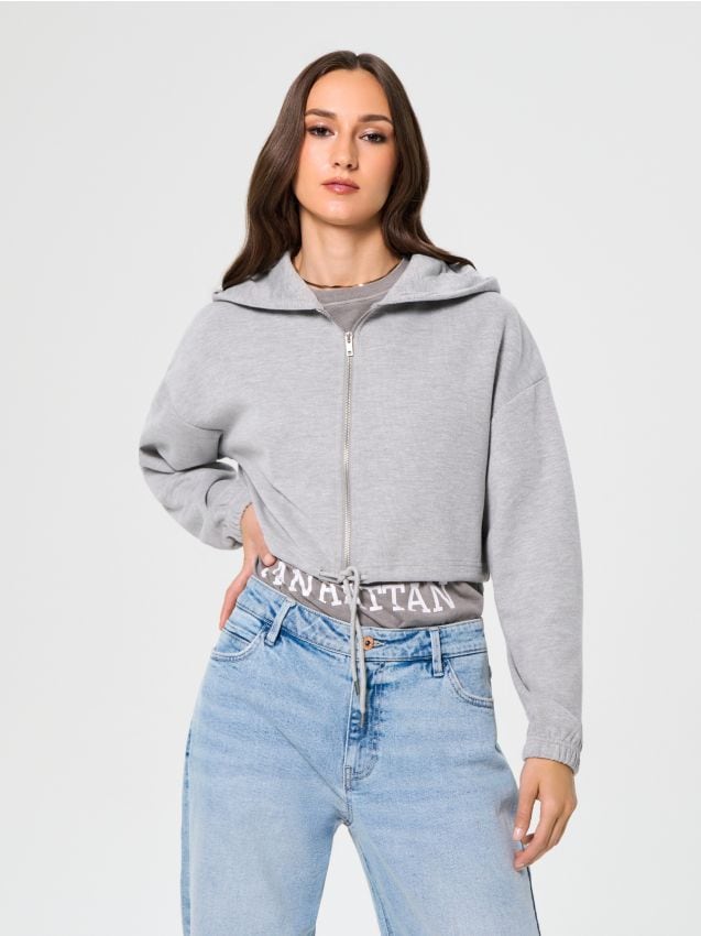 Sinsay - Bluza crop z kapturem - szary