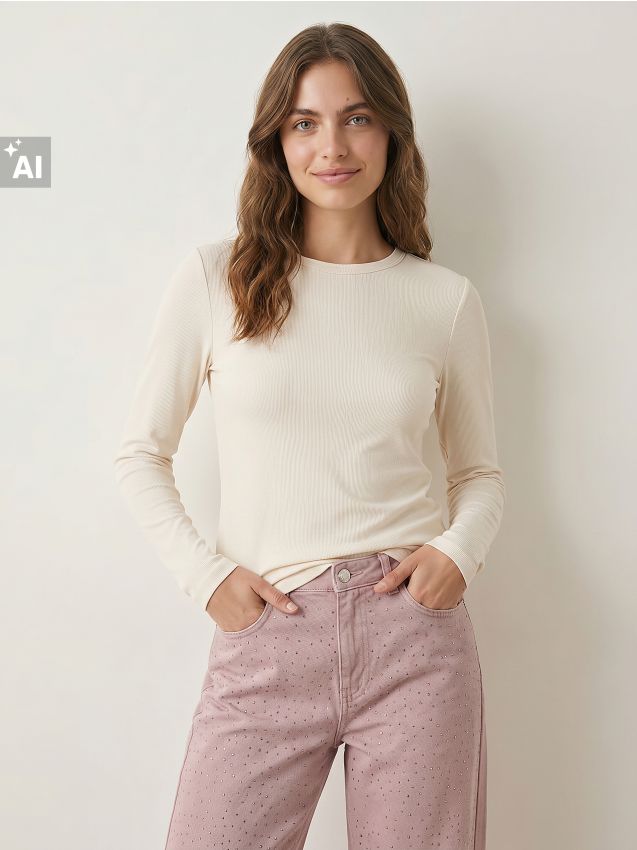 Sinsay - Tricou reiat cu mânecă lungă și amestec de modal - nude