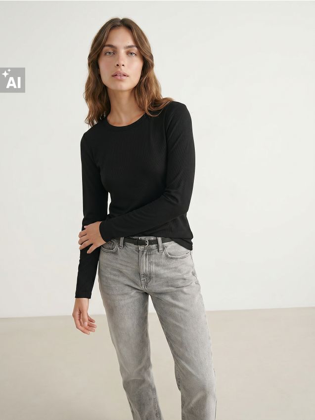 Sinsay - Tricou reiat cu mânecă lungă și amestec de modal - negru