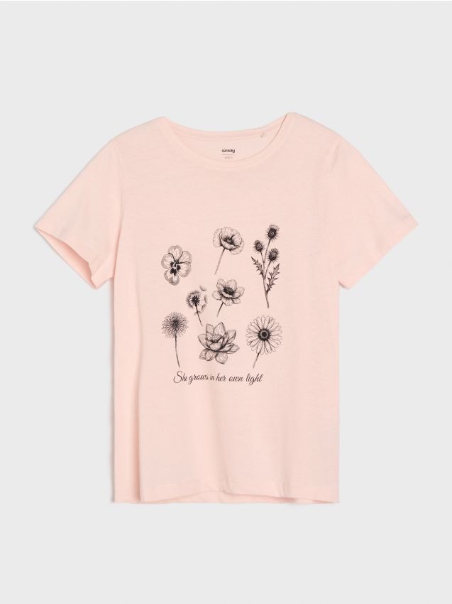Sinsay - Bawełniana koszulka z nadrukiem - różowy