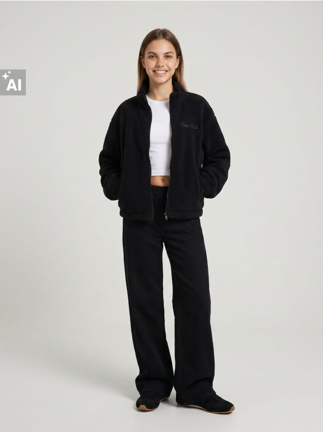 Sinsay - Hanorac fleece cu inscripție brodată - negru