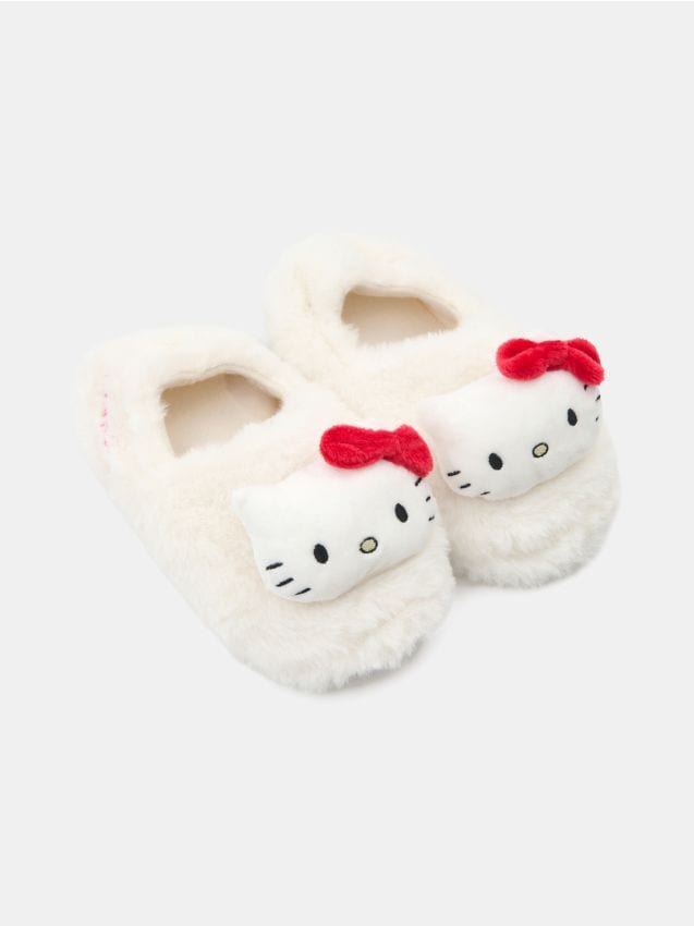 Sinsay - Papuci de casă din pluș cu detalii 3D Hello Kitty - alb