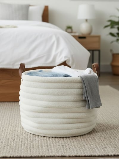 Кръгла кошница за съхранение с дръжки от изкуствена кожа