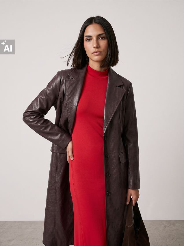 Sinsay - Palton lung din imitație de piele - bordo