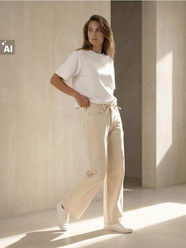 Sinsay - Jeans straight wide leg cu talie înaltă - nude
