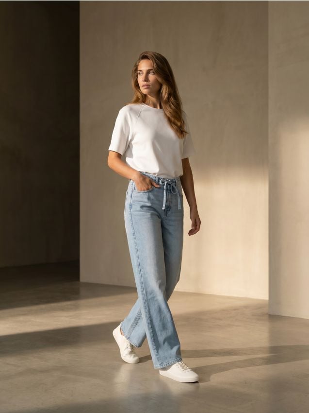 Sinsay - Blugi wide leg cu efect de spălare - albastru