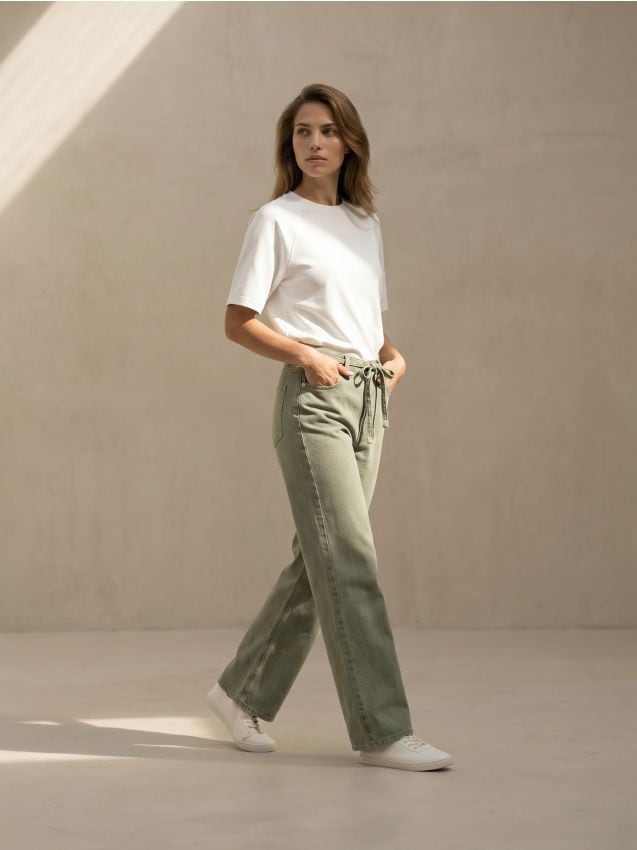 Sinsay - Jeansy straight wide leg z wysokim stanem - zielony