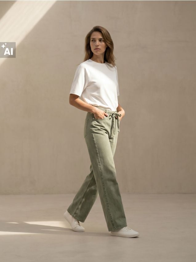 Sinsay - Jeansy straight wide leg z wysokim stanem - zielony