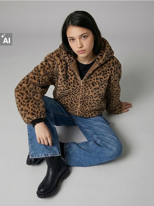 Sinsay - Hanorac din fleece cu fermoar și imprimeu leopard - negru