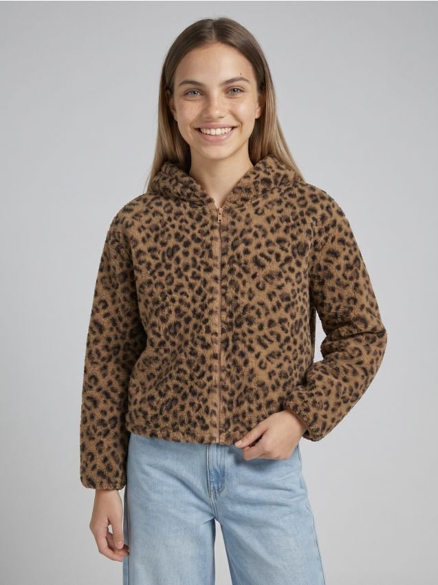 Sinsay - Hanorac din fleece cu fermoar și imprimeu leopard - negru