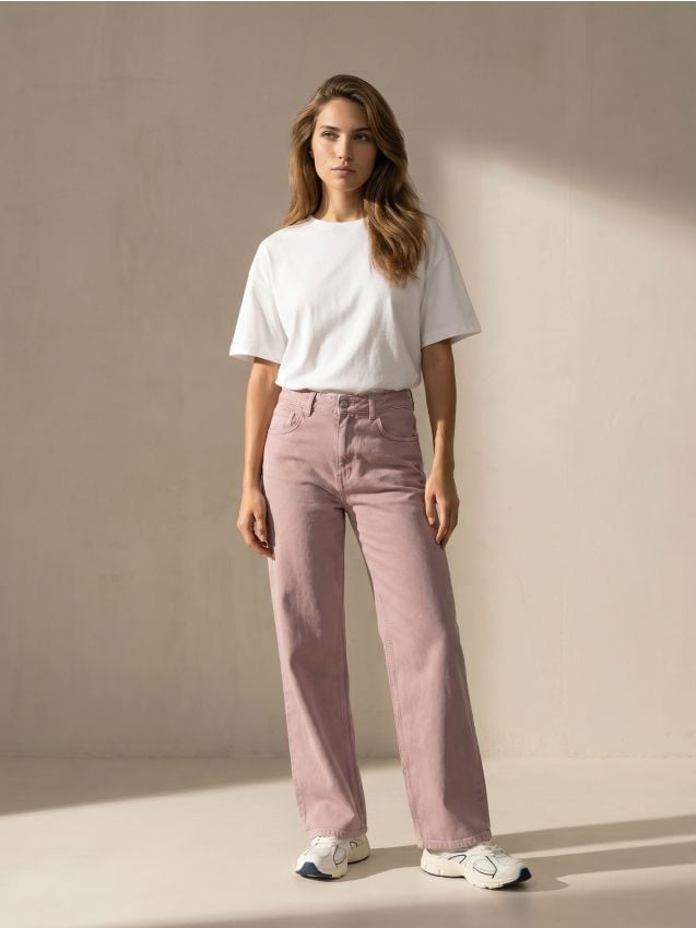 Sinsay - Blugi wide leg comfort cu talie medie - roz