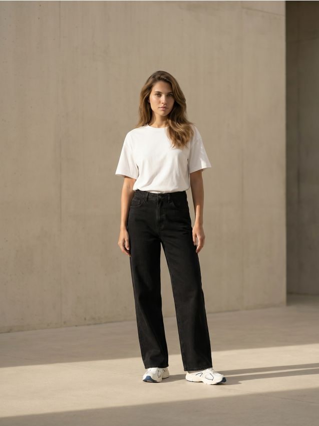 Sinsay - Blugi wide leg comfort cu talie medie - negru