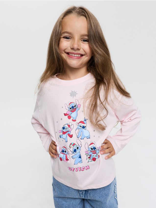 Sinsay - Tricou din bumbac cu imprimeu de Crăciun Stitch - roz-pastel