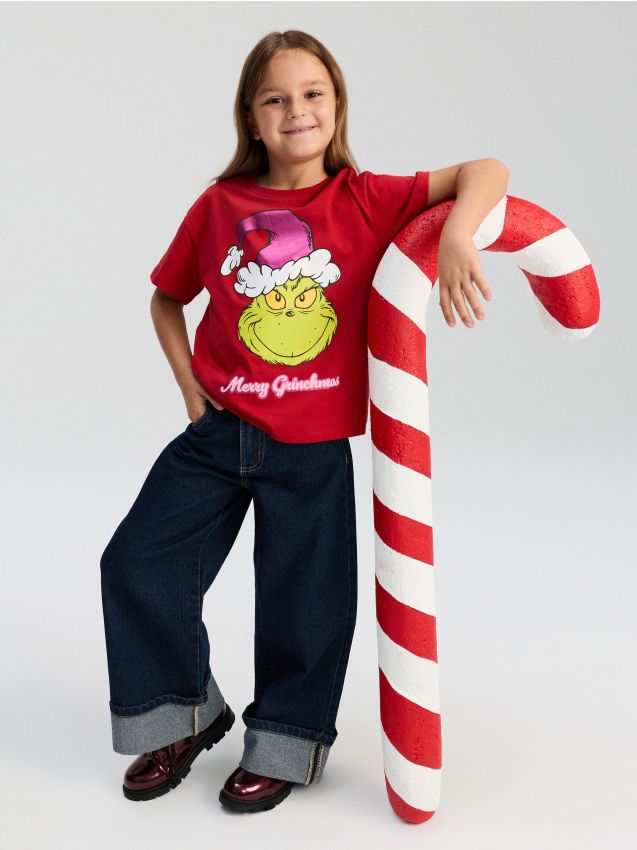 Sinsay - Tricou din bumbac cu imprimeu de Crăciun Grinch - roșu