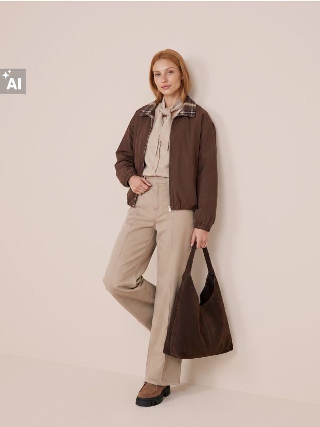 Sinsay - Blugi wide leg cu cusături decorative - cafeniu
