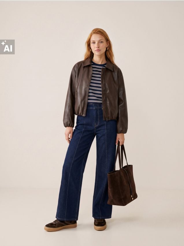 Sinsay - Blugi wide leg cu cusături decorative - albastru metalizat