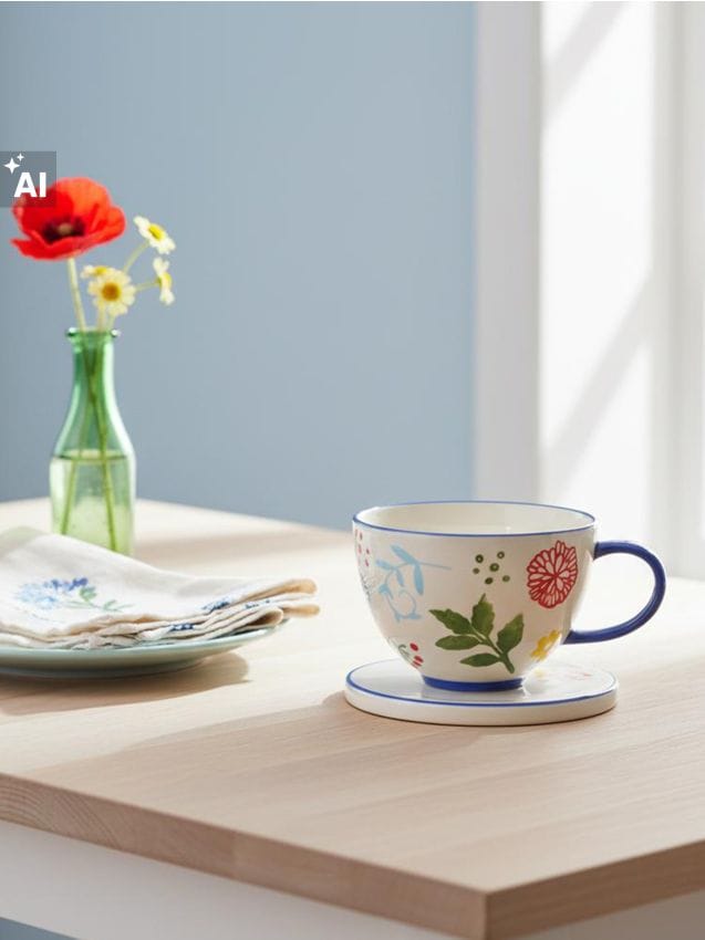 Sinsay - Cană ceramică cu motiv floral - bleumarin