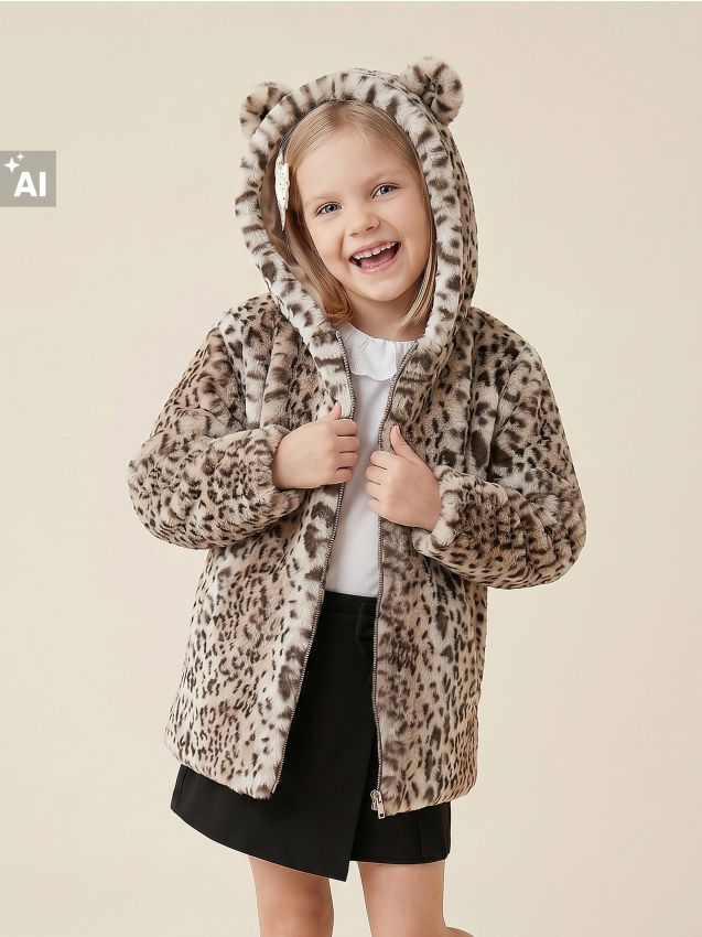Sinsay - Geacă teddy cu imprimeu leopard și glugă cu urechi - bej