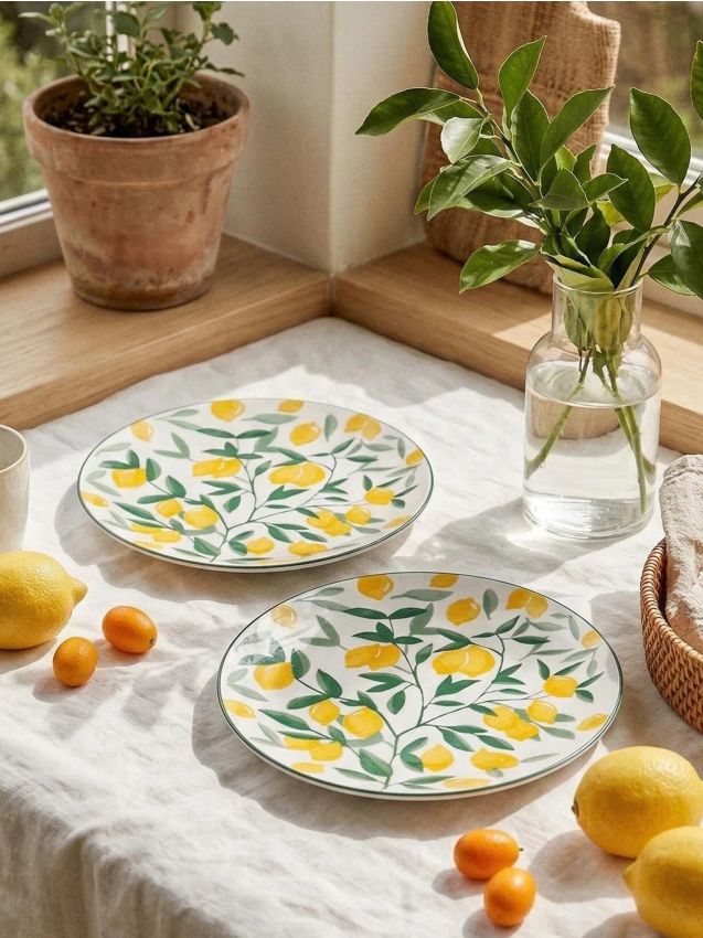 Sinsay - Farfurii ceramice cu motiv de lămâi 2 pack - verde