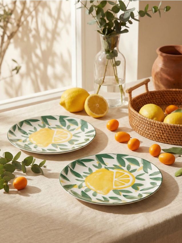 Sinsay - Farfurii ceramice cu motiv de lămâi 2 pack - verde