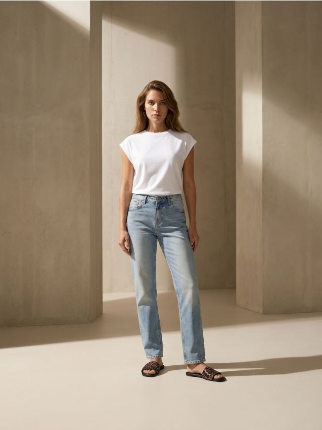 Sinsay - Blugi Comfort Straight Cu Efect Spălare - turcoaz