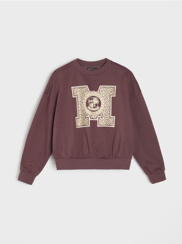 Sinsay - Hanorac din bumbac crewneck cu imprimeu - maro-închis