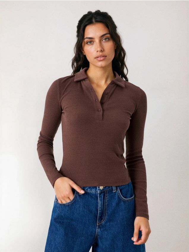 Sinsay - Prążkowana bluzka polo - brązowy