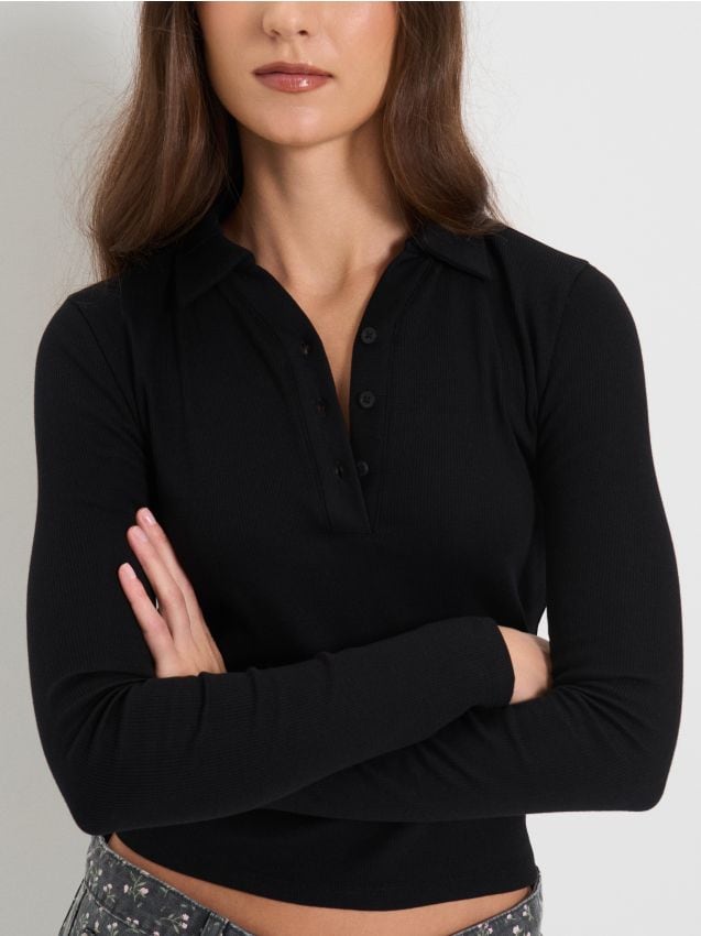 Sinsay - Tricou polo cu dungi - negru