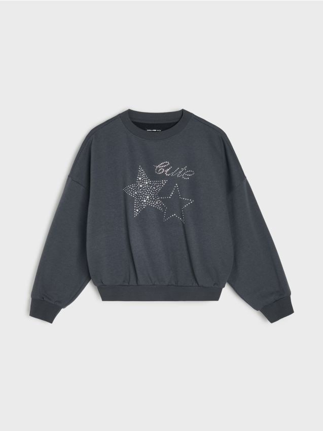 Sinsay - Bluză crewneck cu strasuri decorative - gri-închis