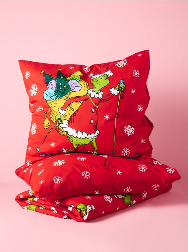Sinsay - Set de lenjerie de pat din bumbac cu model de Crăciun Grinch - roșu