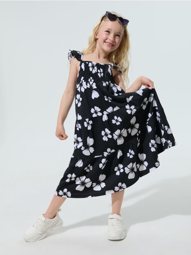 Sinsay - Rochie midi din bumbac cu fronseuri și volane cu motiv floral - multicolor