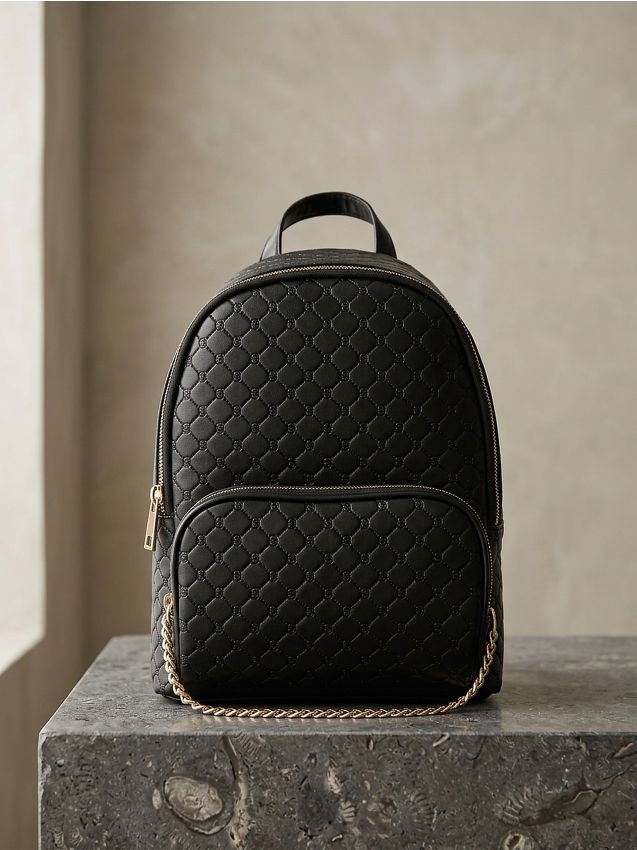 Sinsay - Rucsac cu model matlasat și lanț auriu - negru