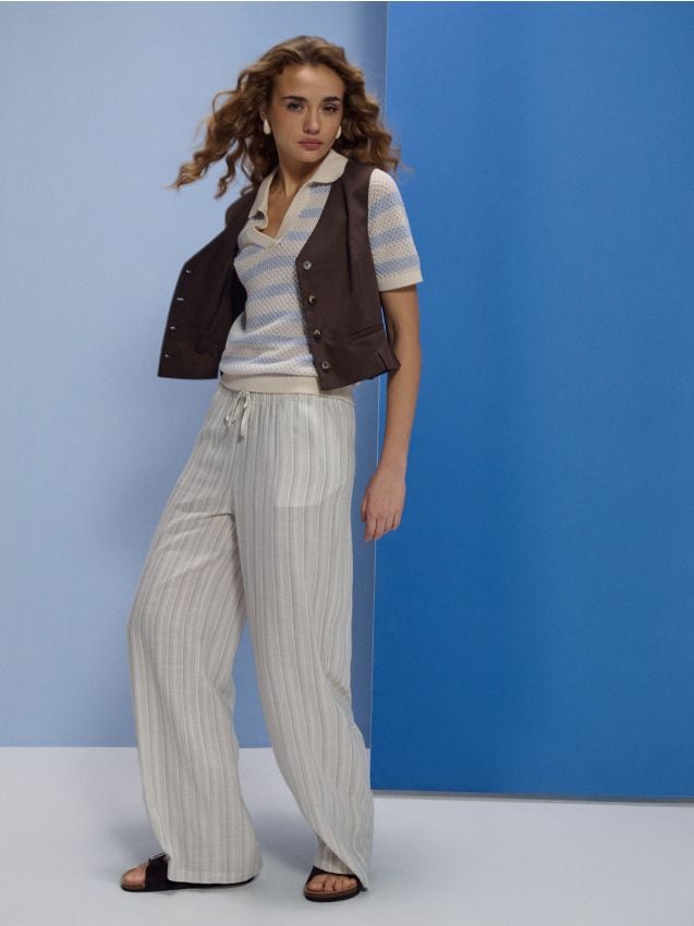 Sinsay - Pantaloni largi cu amestec de in - bej