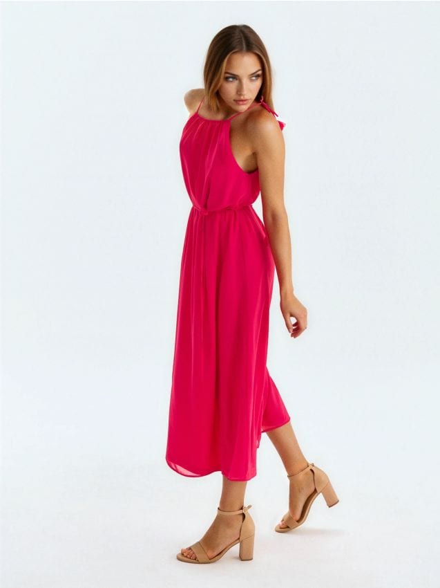 Sinsay - Sukienka midi z dekoracyjnym wiązaniem z motywem kwiatów - różowy