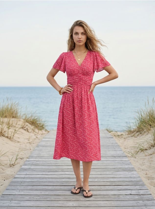 Sinsay - Rochie midi din vâscoză cu fronseu și imprimeu floral - roșu