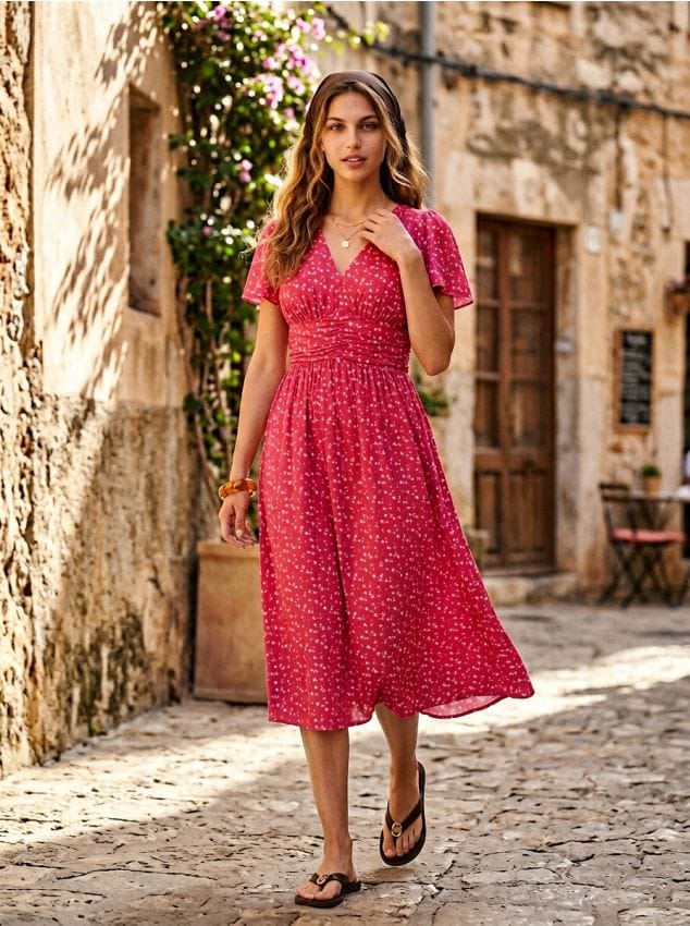 Sinsay - Rochie midi din vâscoză cu fronseu și imprimeu floral - roșu