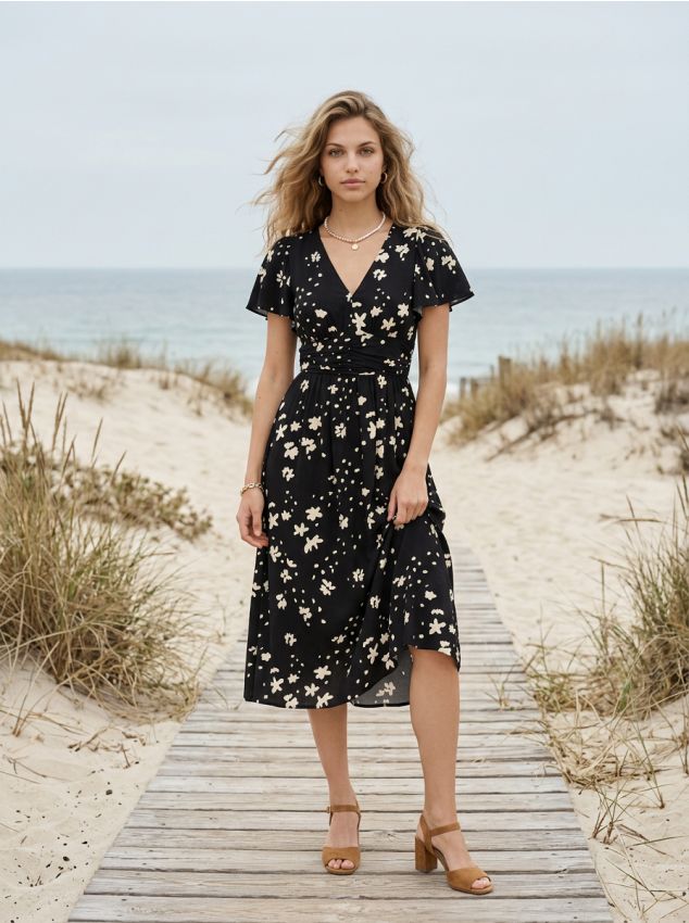 Sinsay - Rochie midi din vâscoză cu fronseu și imprimeu floral - negru