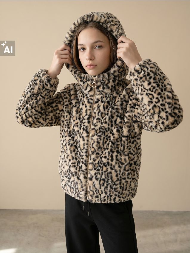 Sinsay - Jachetă scurtă cu finisaj din blană artificială și imprimeu leopard - bej