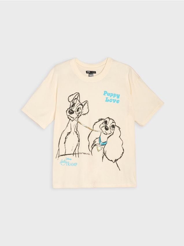 Sinsay - Bawełniana koszulka z nadrukiem Lady and the Tramp - kremowy