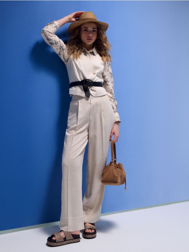 Sinsay - Pantaloni largi cu amestec de in - nude